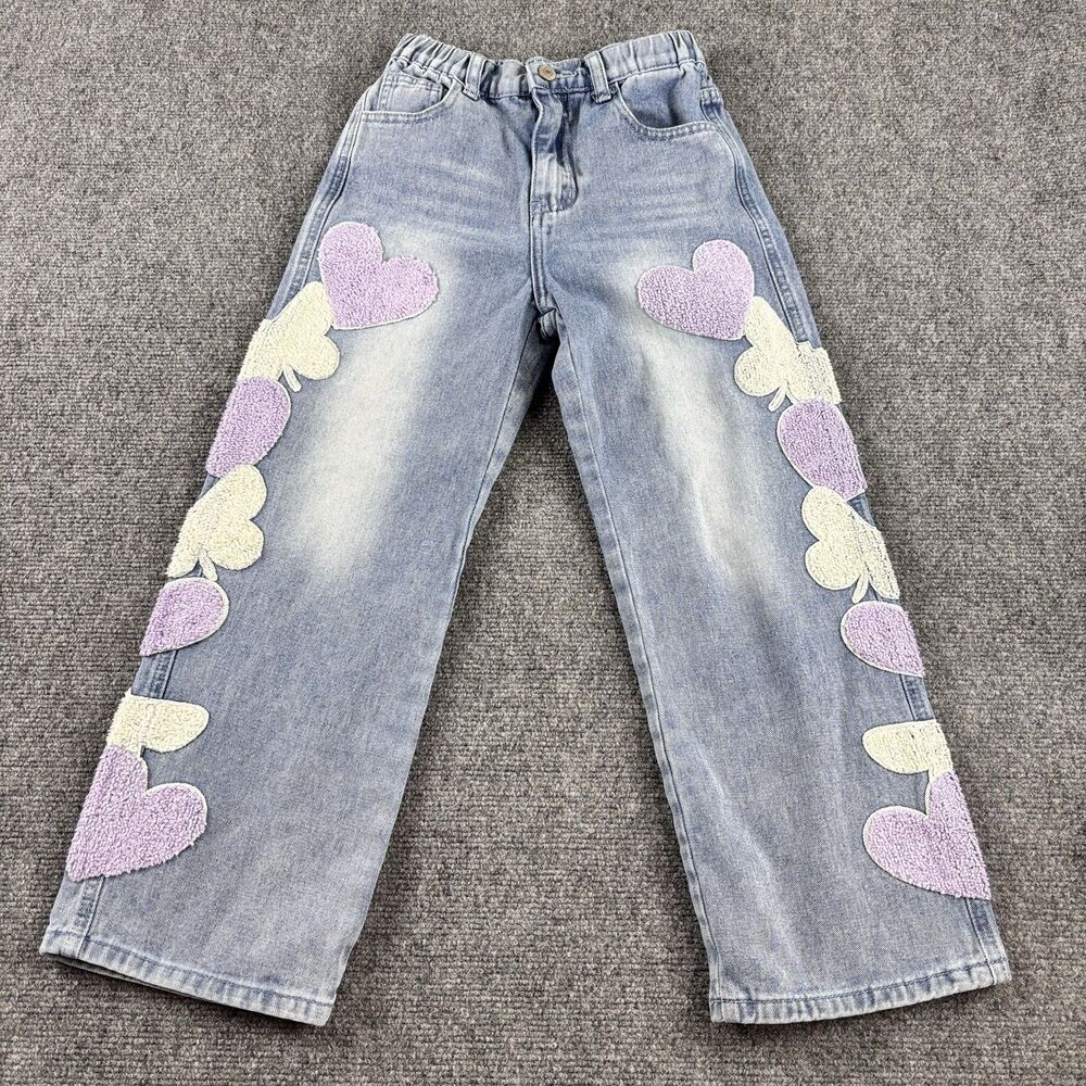 SHEIN Girls Jeans Size 9Y Light Wash Chenille Heart Butterfly Patches Wide Leg